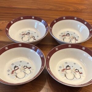 Royal Seasons 7” Stoneware Bowls Set of Four Christmas Holiday Snowman Snowflake